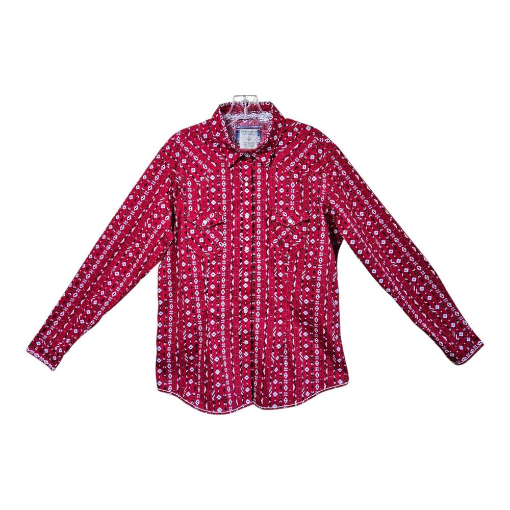PANHANDLE ROUGH STOCK Women's L Western Shirt Pearl Snaps Red Blue White 40"
